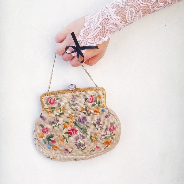 Vintage Needlepoint Tapestry Handbag, Antique1930s Romantic Floral Handmade Clutch