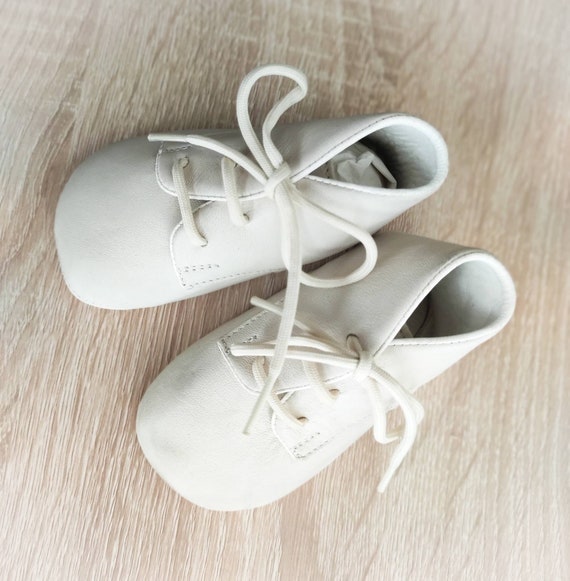 Vintage baby shoes pair, white leather baptism sho