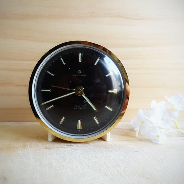 Vintage Alarm Clock, Mechanical Black and Ivory Mid Century Table Clock, Junghans Silentic, Made in Germany