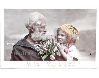 Antique French Postcard Nautical Rare Collectible. Old Fisherman and Little Boy. Le vieux loup de mer