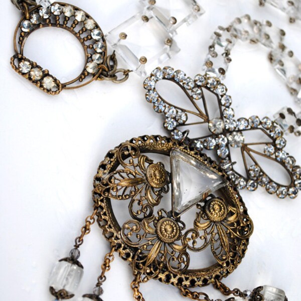 Victorian brass filigree Fleur de Lis crystal brooch antique chandelier crystal necklace