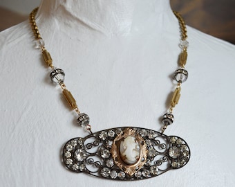 Antique Carved Shell Cameo Art Deco Rhinestone Filigree Belt Buckle Necklace