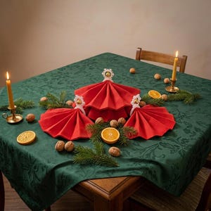 Könnte beinhalten: Drei rote Papierservietten in Fächerform, jeweils mit einem weißen, schneeflockenförmigen Serviettenring fixiert. Die Servietten liegen auf einer dunkelgrünen Tischdecke, dekoriert mit zwei brennenden gelben Stabkerzen, Orangenscheiben und Walnüssen.