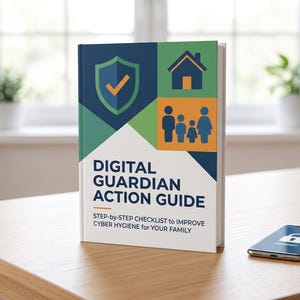 May include: A book titled Digital Guardian Action Guide with a step-by-step checklist to improve cyber hygiene for your family. The cover features a shield with a checkmark, a house icon, and a family silhouette in blue, green, and orange colors.