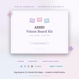 Könnte beinhalten: Ein digitales ADHS-Vision-Board-Kit für Goodnotes und Notability mit einer weißen rechteckigen Oberfläche, Pastell-Symbolen, dem Text ADHD Vision Board Kit, undated, hyperlinked, dopamine friendly, big dreams, 10-minute first steps und reward system built in.