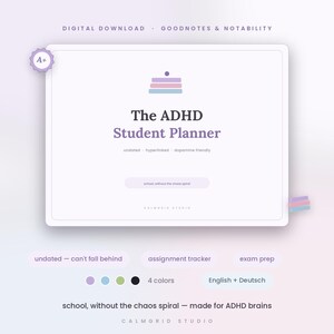 ADHD Student Planner Digital for GoodNotes iPad | Undated Academic Planner | Assignment Tracker, Exam Prep | 4 Colors, English + German