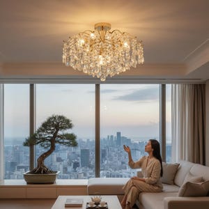 Modern Crystal Chandelier — Gold LED Ceiling Light for Dining Living Room Bedroom, Luxury Flush Mount Chandelier, Dimmable