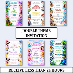 May include: Six rectangular digital invitation templates featuring various themes including video games, superheroes, princesses, and sports. Each design displays customisable text for names, ages, dates, and locations, with colourful character graphics.