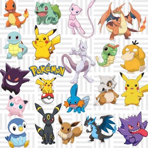 May include: A collection of various colorful Pokémon characters including Pikachu, Charmander, Bulbasaur, Mew, Mewtwo, Gengar, and others, arranged with the blue and yellow Pokémon logo on a white background with a subtle light gray grid pattern.