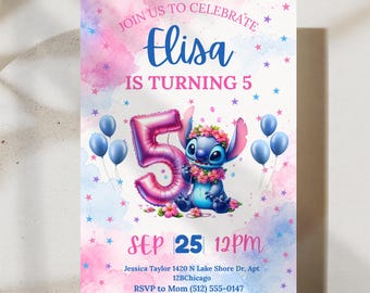 May include: A birthday invitation card featuring a blue character with pink flowers, a large pink balloon shaped like the number 5, blue balloons, and pink and blue stars on a watercolor background. Text reads: JOIN US TO CELEBRATE Elisa IS TURNING 5 SEP 25 12PM.