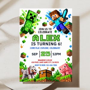 Editable MineCraffterr Boys Birthday | Pixel Block Birthday Party Invitation Template | Gamer Invitation (Digital Download)