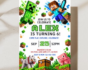 Editable MineCraffterr Boys Birthday | Pixel Block Birthday Party Invitation Template | Gamer Invitation (Digital Download)