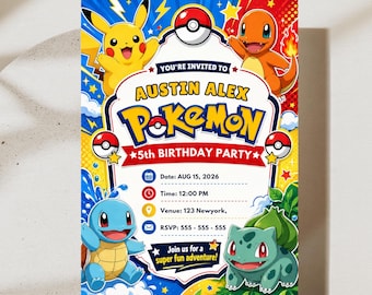 Pokémon-Geburtstagseinladungsvorlage, Pikachu-Partyeinladung (Digitaler Download)