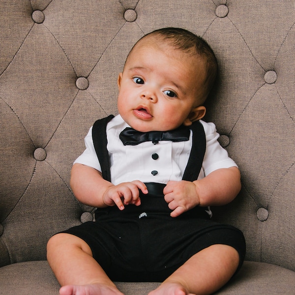 baby wedding outfit boy, christening outfits for boy, baptism outfit boy, special occasion baby boy, baby boy tuxedo, shorts, black accents