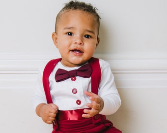 baby tuxedo, baby tuxedo outfit, baby wedding outfit, maroon and white, bow tie, cumber bun, long sleeve, leggings, suspenders, wedding