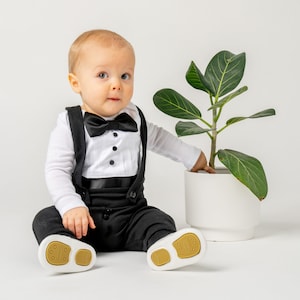 baby tuxedo, baby tuxedo outfit, baby wedding outfit, black and white, bow tie, cumber bun, long sleeve, leggings, suspenders, wedding