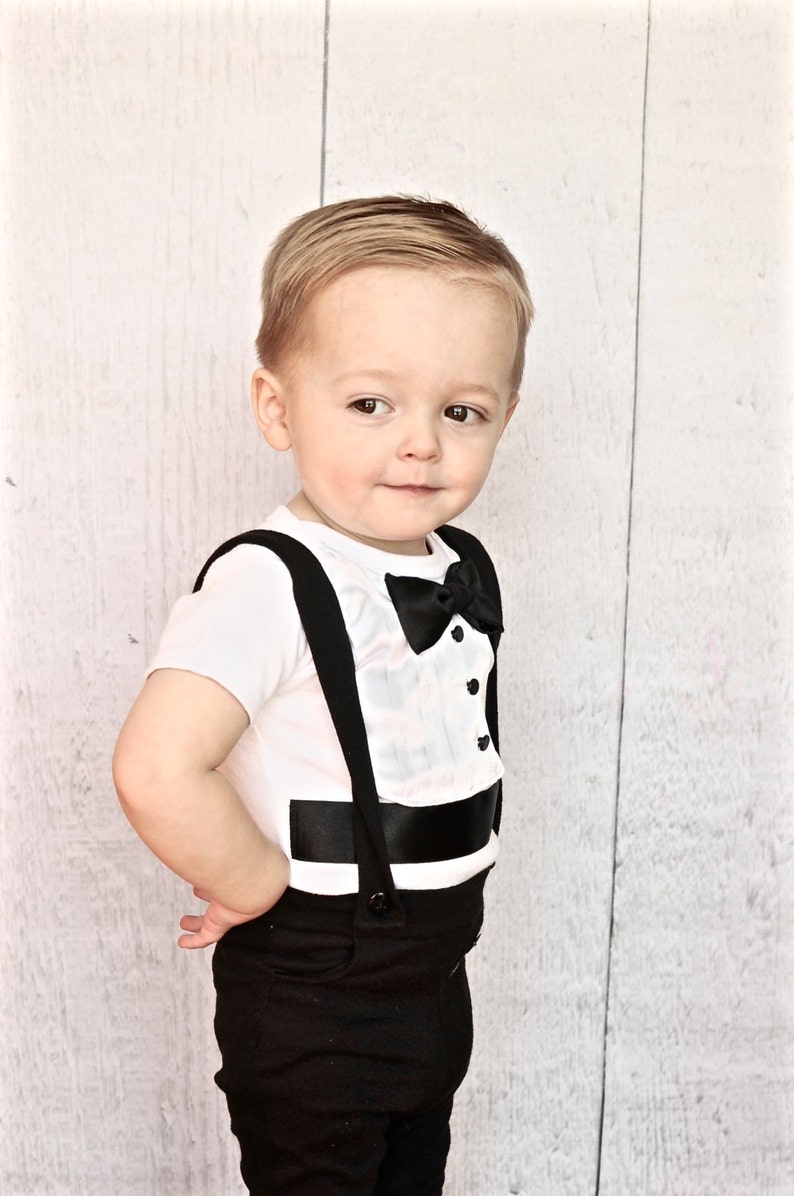 Baby Boy Dress Clothes Baby Boy Gentleman Outfit - Shirt + Bowtie + Suspenders Set (0-18 Months, Cotton Blend) Newborn Boy Clothes