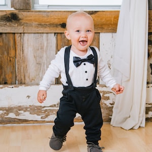 baby tuxedo, baby tuxedo outfit, baby wedding outfit, black and white, bow tie, cumber bun, long sleeve, leggings, suspenders, wedding image 6