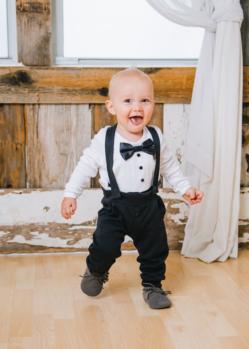 baby tuxedo, baby tuxedo outfit, baby wedding outfit, black and white, bow tie, cumber bun, long sleeve, leggings, suspenders, wedding image 6