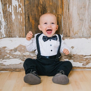 baby tuxedo, baby tuxedo outfit, baby wedding outfit, black and white, bow tie, cumber bun, long sleeve, leggings, suspenders, wedding image 3