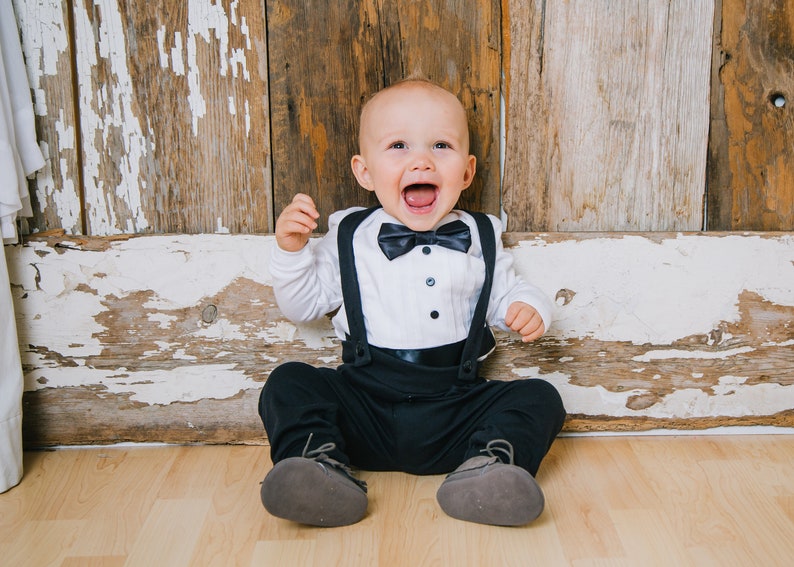baby tuxedo, baby tuxedo outfit, baby wedding outfit, black and white, bow tie, cumber bun, long sleeve, leggings, suspenders, wedding image 3