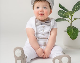 Baby Boy Tuxedo Outfit with White Leggings and Gray Accents