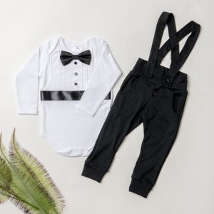 baby tuxedo, baby tuxedo outfit, baby wedding outfit, black and white, bow tie, cumber bun, long sleeve, leggings, suspenders, wedding image 2