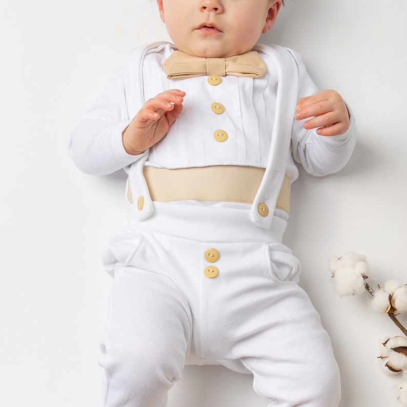 baby boy blessing outfit, baptism outfit boy, baby boy christening outfits, wedding outfit baby boy, baby boy tuxedo, Tan image 2