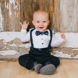 baby tuxedo, baby tuxedo outfit, baby wedding outfit, black and white, bow tie, cumber bun, long sleeve, leggings, suspenders, wedding image 4