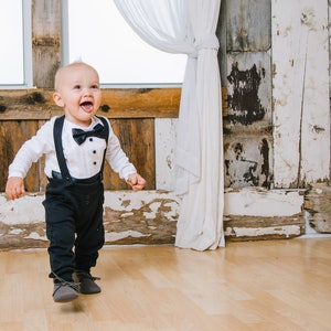 baby tuxedo, baby tuxedo outfit, baby wedding outfit, black and white, bow tie, cumber bun, long sleeve, leggings, suspenders, wedding image 5