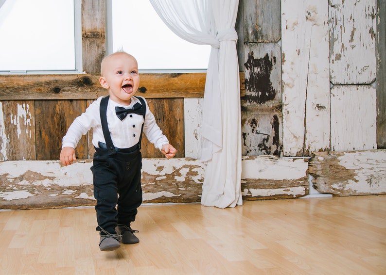 baby tuxedo, baby tuxedo outfit, baby wedding outfit, black and white, bow tie, cumber bun, long sleeve, leggings, suspenders, wedding image 5