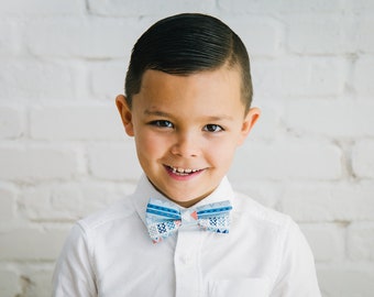 Blue and White Geometric Design Boy Bow tie