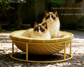 Handgeweven verhoogd bamboe kattenbed, ademend rond kattennest, boho-meubel voor binnen voor katten en kleine honden