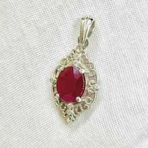 Red Gemstone Pendant Necklace, Vintage Inspired Silver Pendant, Faceted Red Stone Jewelry, Ornate Filigree Pendant, Gift for Her