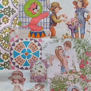 May include: A collage of vintage-style illustrations featuring a pink circus lion, children gardening, a geometric mandala pattern, a couple in a garden, a floral print, and a child with a teddy bear in a wooden wagon on a textured paper background.