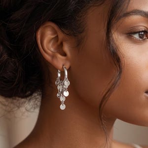 Silver Disc Drop Earrings,Sequin Dangle Hoops,Geometric Hoop Earrings,Modern Statement Jewelry,Gift for Her