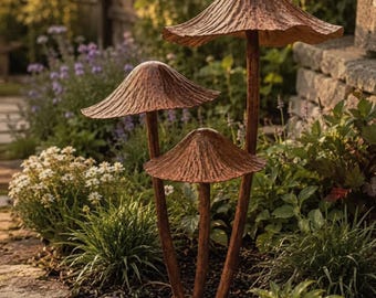 Juego de 3 esculturas decorativas de metal con forma de seta para jardín o exteriores. Regalo ideal para jardineros.