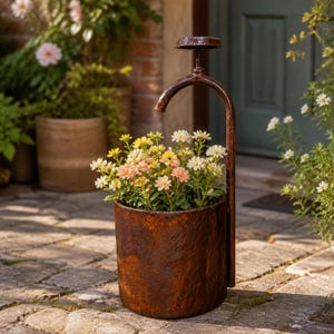 May include: A cylindrical brown planter with a textured finish containing a cluster of small white, yellow, and pink flowers. A tall, curved copper-colored metal pipe extends from the side of the planter, arching over the flowers like a faucet.