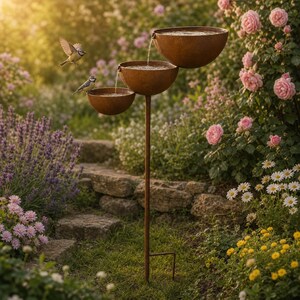 May include: A tiered metal bird bath with three rust-coloured bowls arranged vertically on a thin pole. Water cascades from the top bowl down to the bottom. Two small birds are perched on the edge of the lowest bowl, while one bird flies nearby.