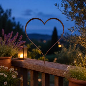 Puede incluir: Un tutor de jardín en forma de corazón hecho de metal color óxido con una base de tornillo puntiaguda. El diseño de corazón de marco abierto y fino está colocado verticalmente sobre una barandilla de madera, con un contorno liso y continuo.