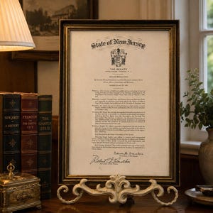 May include: A framed State of New Jersey Senate Resolution document featuring black text on an off-white background, centered in a dark wood frame with gold trim, resting on an ornate, cream-colored metal stand on a wooden surface.