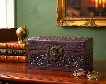 Vintage Embossed Leather Style Trinket Box, Decorative Stash Chest with Brass Latch, Retro box