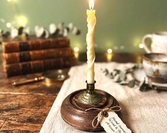 Vintage Wood Brass Taper Candle Holder | Turned Base Patina Accent Rustic Decor