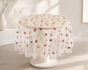 Embroidered Sheer Tulle Table Skirt, Vintage Floral Round Table Cover Cottagecore Wedding Decor