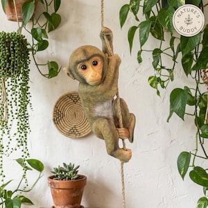 Op de afbeelding: Een hangend apenbeeldje met olijfgroene vacht en een lichte buik, vastgeklemd aan een dik touw van jute. De aap heeft grote donkere ogen en een gedetailleerd gezicht. Een rond logo rechtsboven toont de tekst Nature's Buddy.