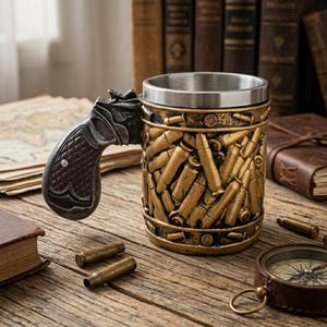May include: A cylindrical mug with a metallic silver interior and a textured exterior featuring a relief pattern of gold-colored bullet casings. The handle is shaped like the grip and frame of a revolver with a dark brown, checkered pattern.