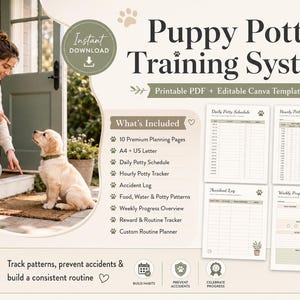 Puppy Potty Training Planner, Printable Puppy Schedule, Accident Tracker, Dog Training Log, Editable Canva Template