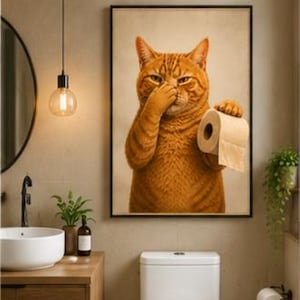 Puede incluir: Una impresión de arte mural enmarcada que muestra un gato atigrado naranja sosteniendo un rollo de papel higiénico con una pata mientras se cubre la nariz con la otra. El gato tiene una expresión concentrada sobre un fondo neutro y claro.