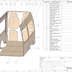 May include: A technical line drawing of a 2019 Sprinter van interior panel kit. The diagram displays eighteen numbered wooden panels for the floor, walls, and doors, accompanied by a detailed parts list table and a title block labelled SPRINTER 2019.