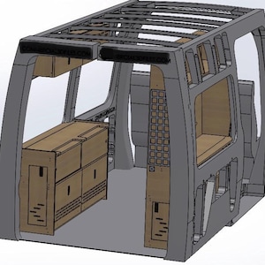 Op de afbeelding: Een digitaal 3D-model van een bestelwageninterieur met lichtbruine houten opbergkasten, lades en schappen langs de zijwanden. De structuur bevat een grijs frame met opbergruimte bovenin en de tekst COMMERCIAL3DFILES.COM.